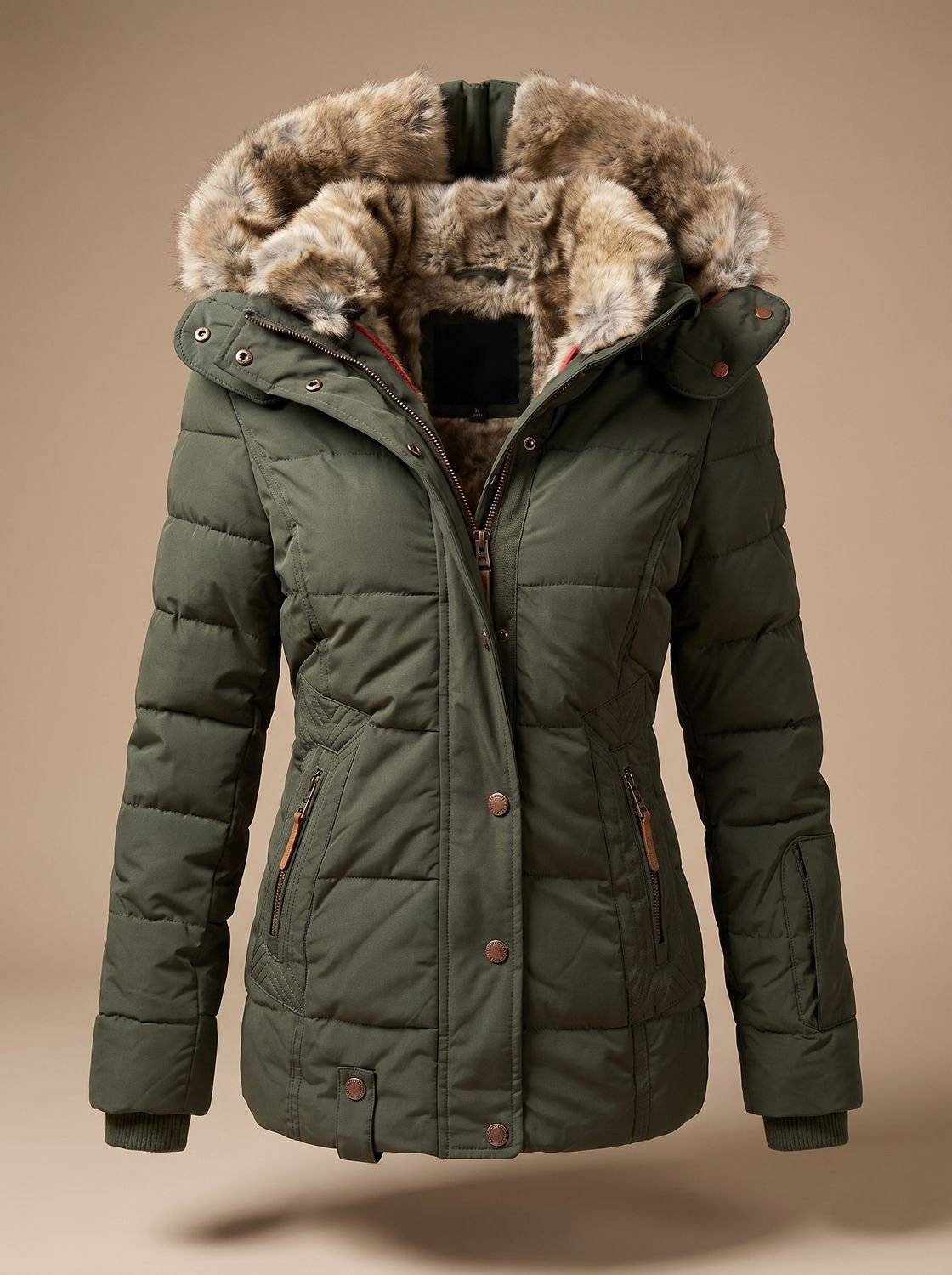 Women's Quilted Puffer Coat with Faux Fur Hood