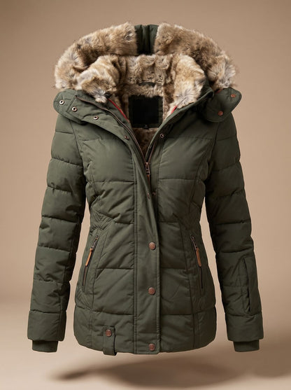 Women's Quilted Puffer Coat with Faux Fur Hood