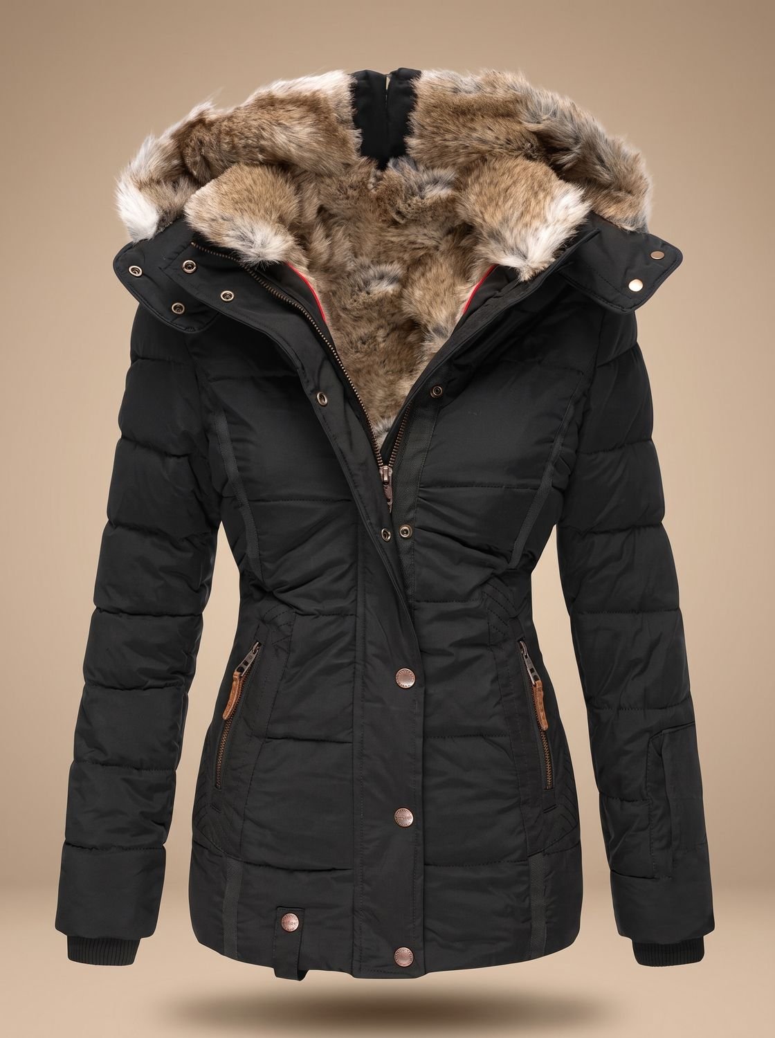 Women's Quilted Puffer Coat with Faux Fur Hood