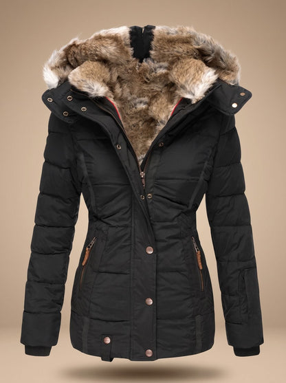 Women's Quilted Puffer Coat with Faux Fur Hood