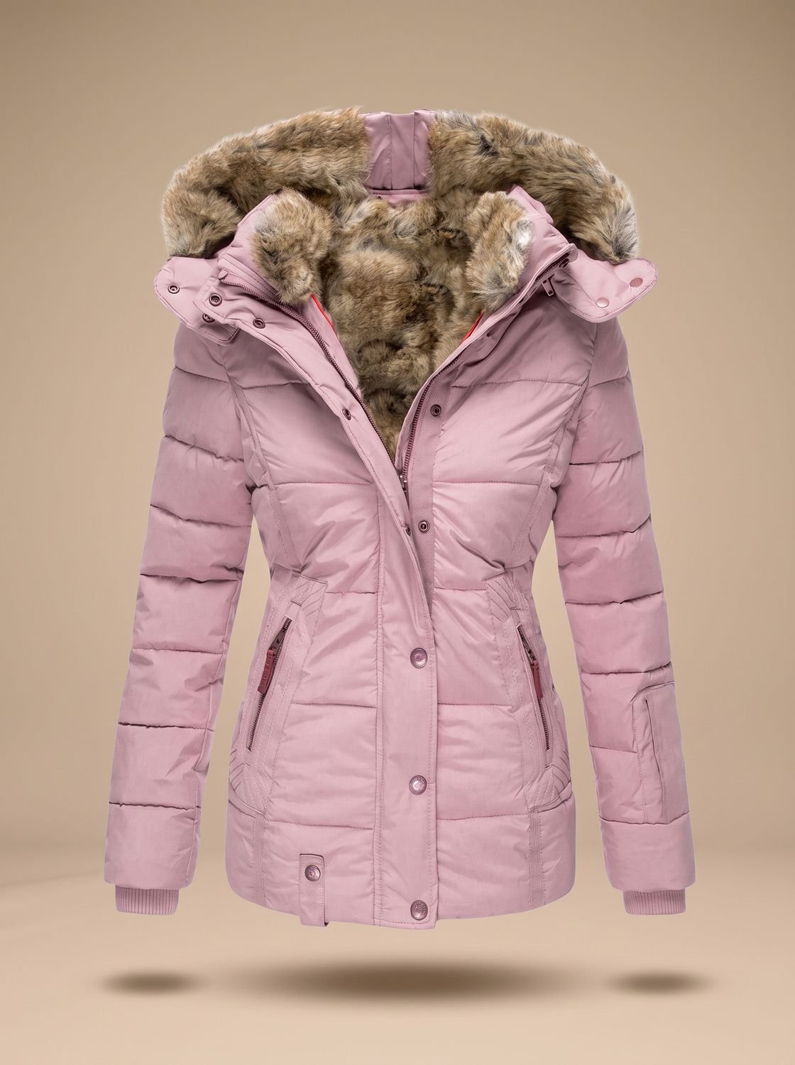 Women's Quilted Puffer Coat with Faux Fur Hood