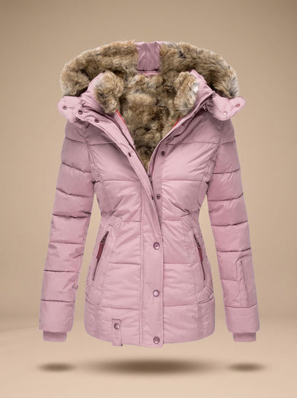 Women's Quilted Puffer Coat with Faux Fur Hood