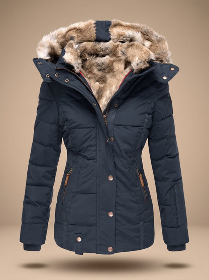 Women's Quilted Puffer Coat with Faux Fur Hood