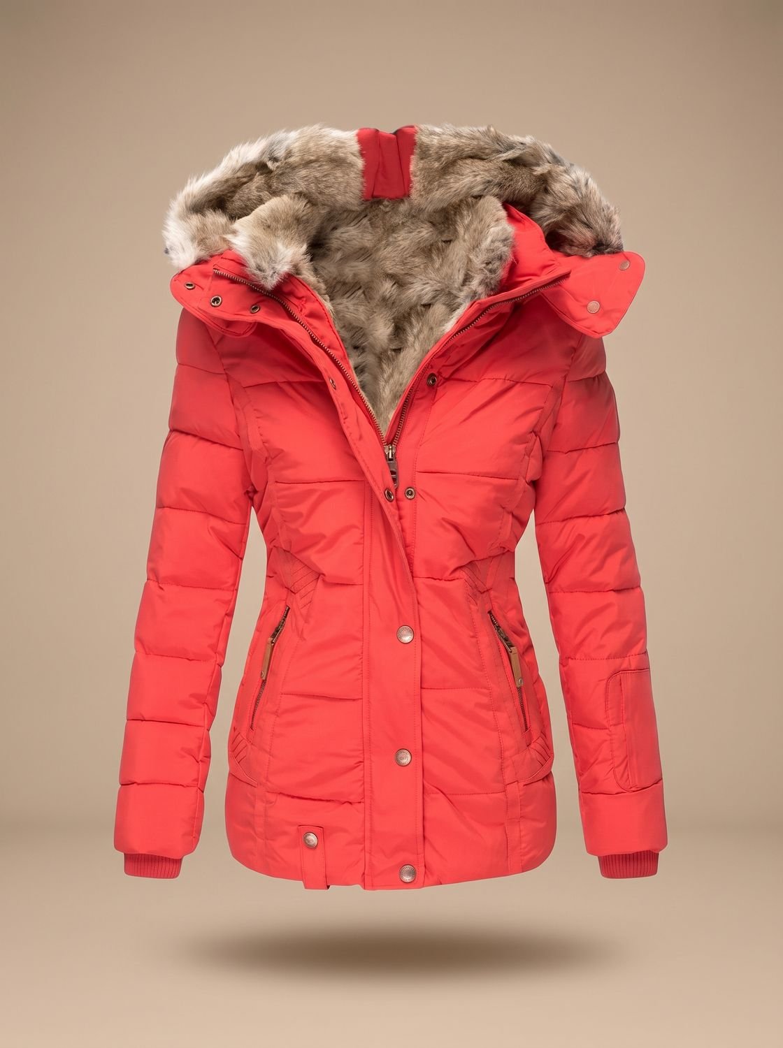 Women's Quilted Puffer Coat with Faux Fur Hood