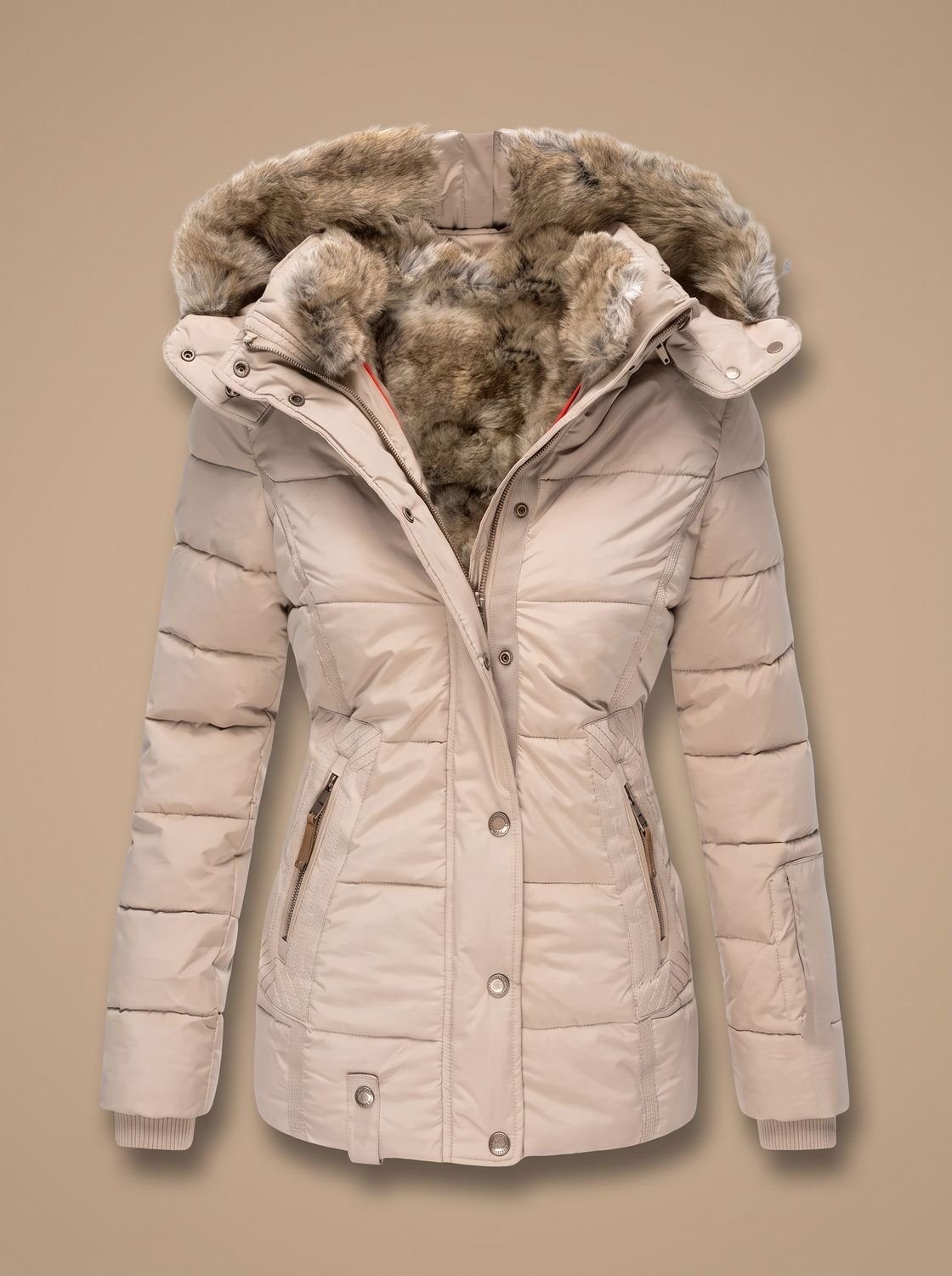 Women's Quilted Puffer Coat with Faux Fur Hood