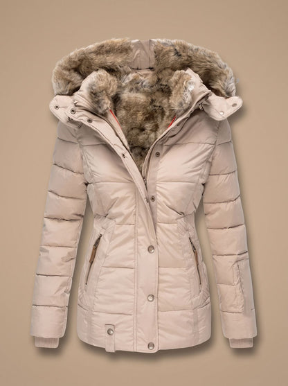Women's Quilted Puffer Coat with Faux Fur Hood