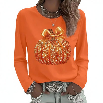 Women's Relaxed Fit Long Sleeve Halloween T-Shirt with Sequin Pumpkin and Round Neck - 1