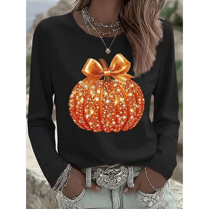 Women's Relaxed Fit Long Sleeve Halloween T-Shirt with Sequin Pumpkin and Round Neck - 3