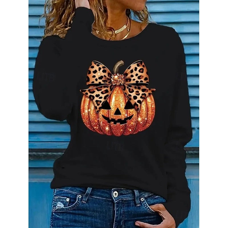Women's Relaxed Fit Long Sleeve Halloween T-Shirt with Sequin Pumpkin and Round Neck - 4