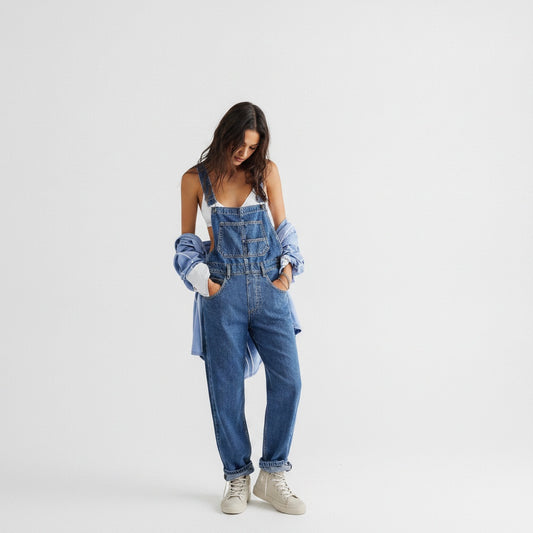 Women's Retro Straight Cut Jean Dungarees with Crossed Straps - 1
