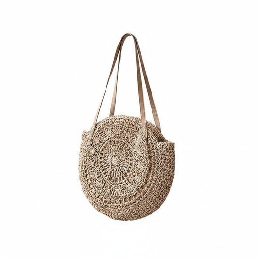Women's Round Woven Tote Bag with Faux Leather Handles - 1