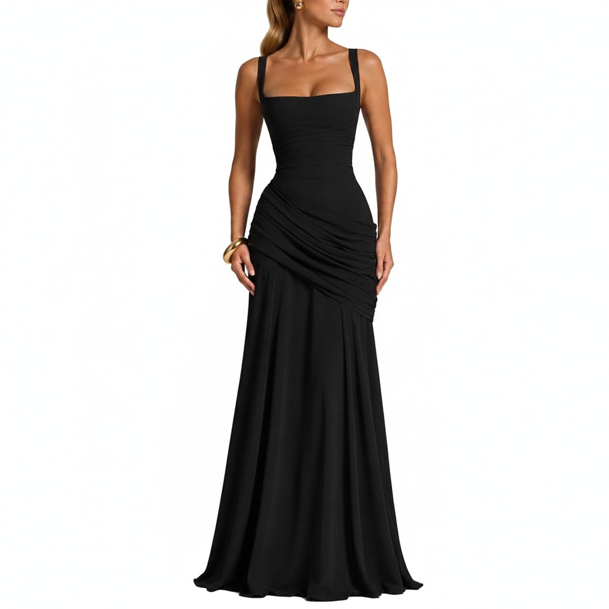 Women's Ruched Maxi Evening Dress with Square Neckline and Wide Straps