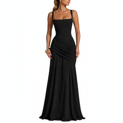 Women's Ruched Maxi Evening Dress with Square Neckline and Wide Straps