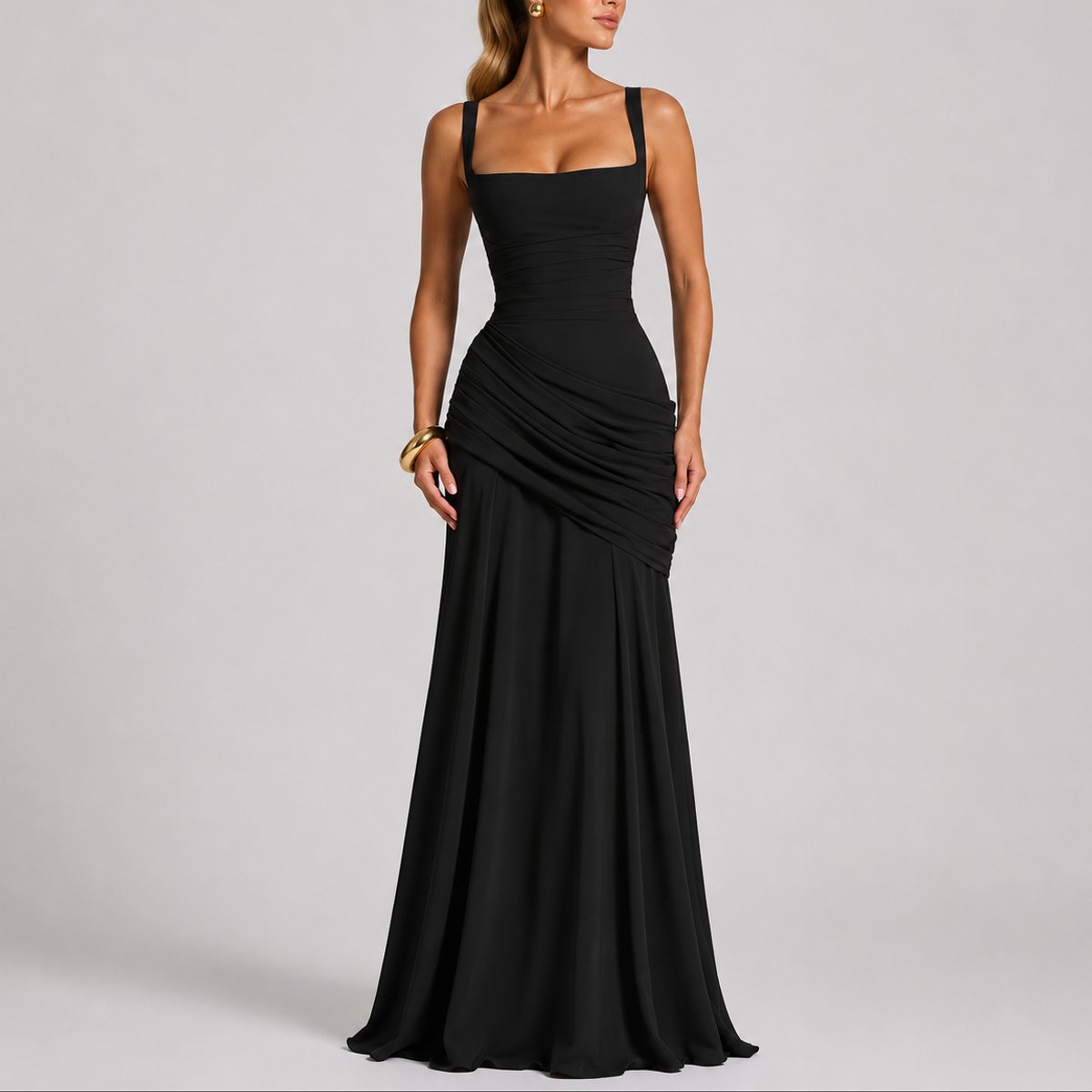 Women's Ruched Maxi Evening Dress with Square Neckline and Wide Straps