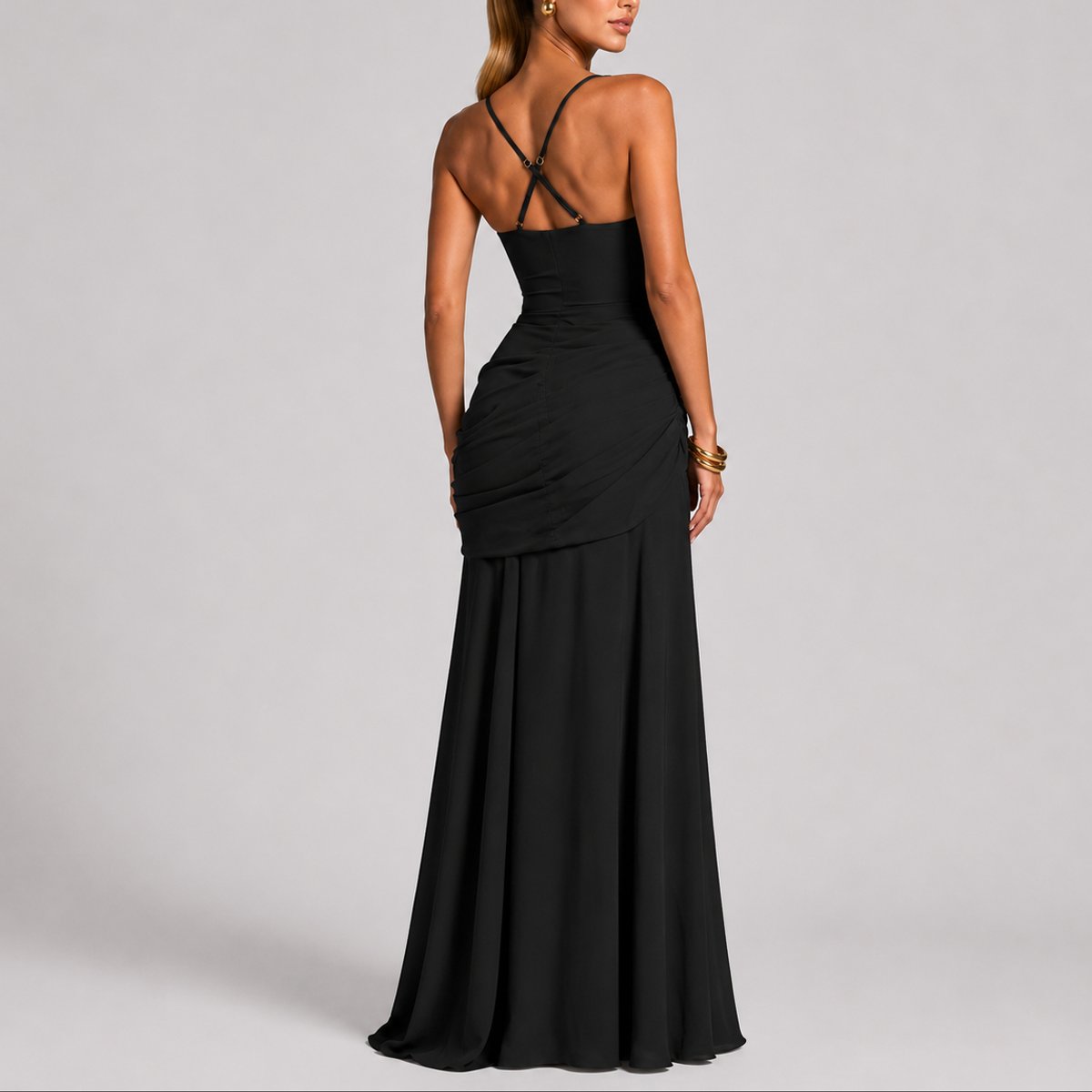 Women's Ruched Maxi Evening Dress with Square Neckline and Wide Straps