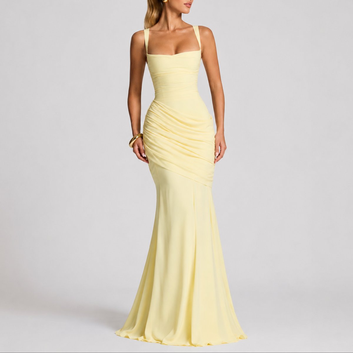 Women's Ruched Maxi Evening Dress with Square Neckline and Wide Straps