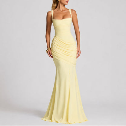 Women's Ruched Maxi Evening Dress with Square Neckline and Wide Straps