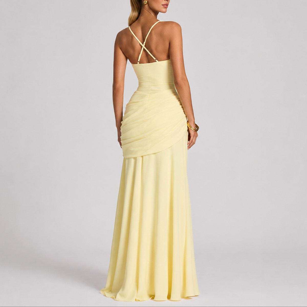 Women's Ruched Maxi Evening Dress with Square Neckline and Wide Straps
