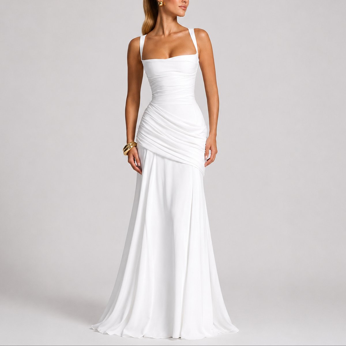 Women's Ruched Maxi Evening Dress with Square Neckline and Wide Straps