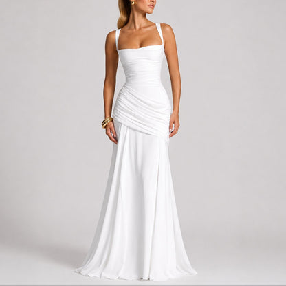 Women's Ruched Maxi Evening Dress with Square Neckline and Wide Straps