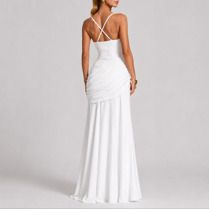 Women's Ruched Maxi Evening Dress with Square Neckline and Wide Straps