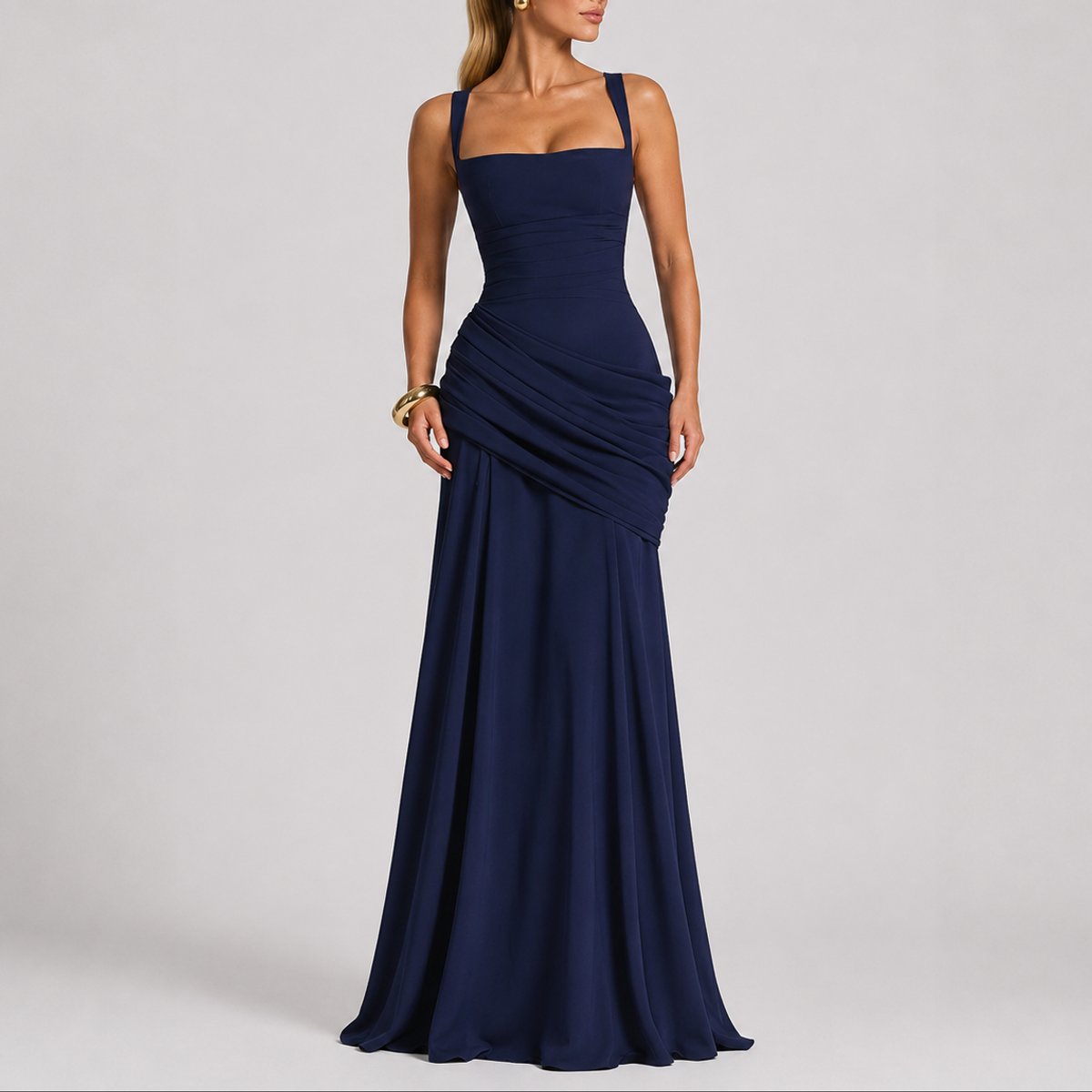 Women's Ruched Maxi Evening Dress with Square Neckline and Wide Straps