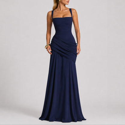 Women's Ruched Maxi Evening Dress with Square Neckline and Wide Straps