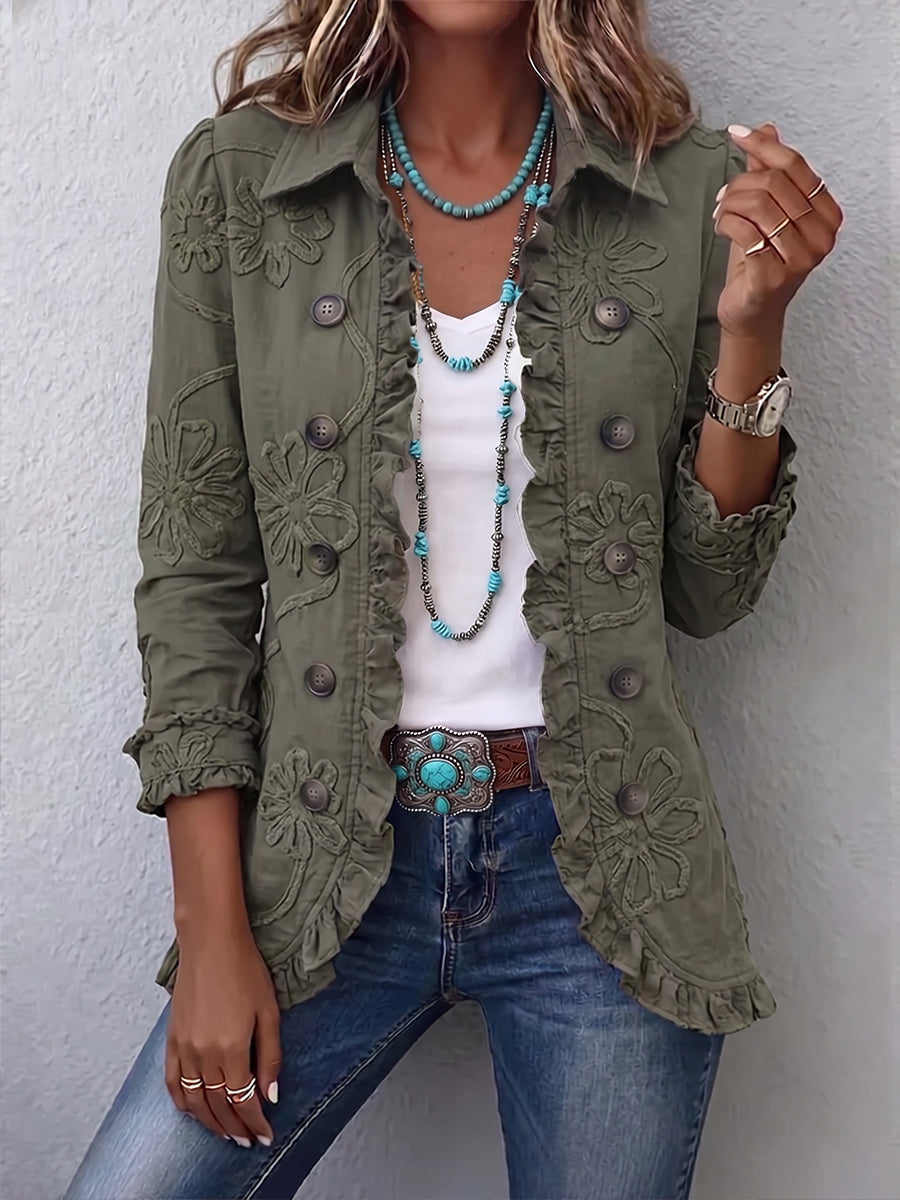 Women's Ruffle Trim Jacket with Floral Embroidery and Shirt Collar