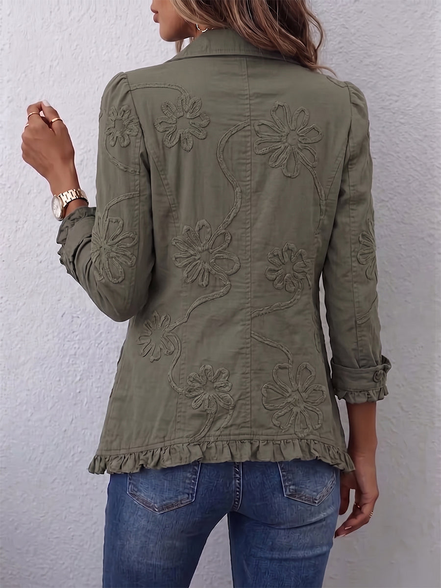 Women's Ruffle Trim Jacket with Floral Embroidery and Shirt Collar
