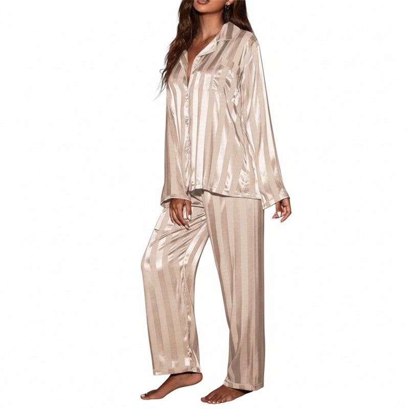 Women's Satin Striped Pajama Set with Long Sleeves and Button-Down Collar