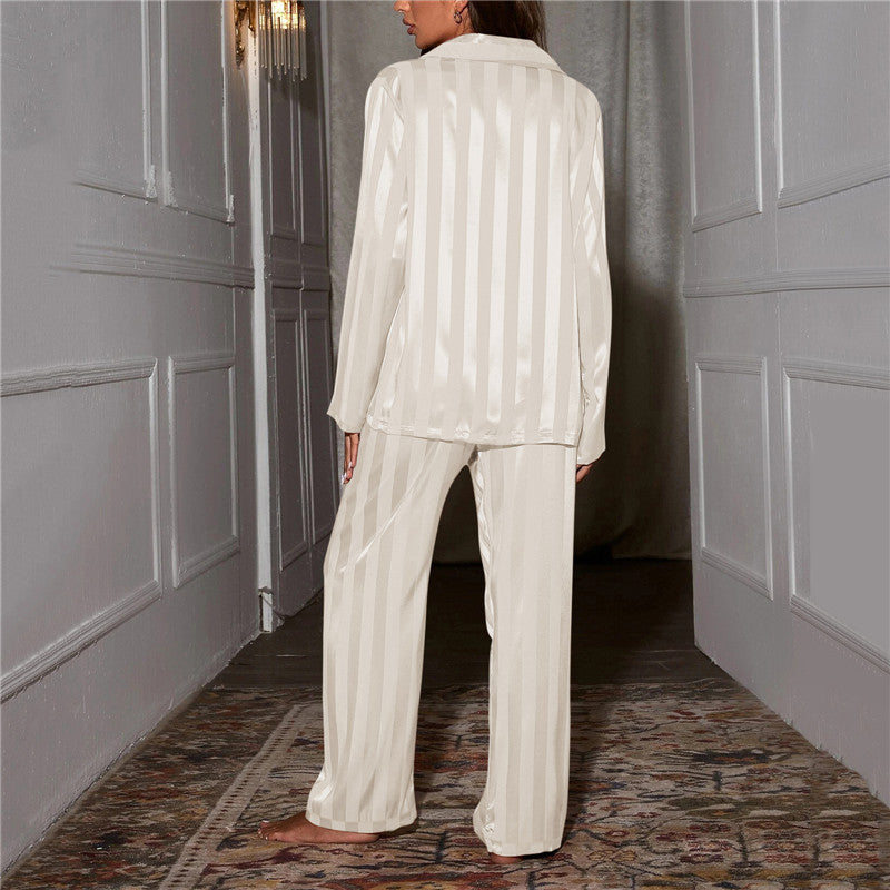 Women's Satin Striped Pajama Set with Long Sleeves and Button-Down Collar