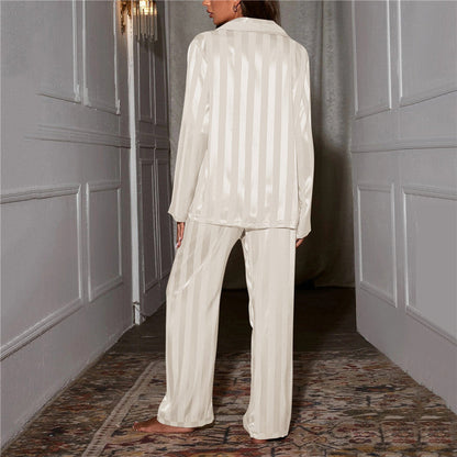 Women's Satin Striped Pajama Set with Long Sleeves and Button-Down Collar