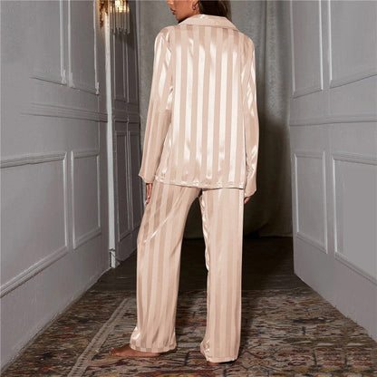 Women's Satin Striped Pajama Set with Long Sleeves and Button-Down Collar
