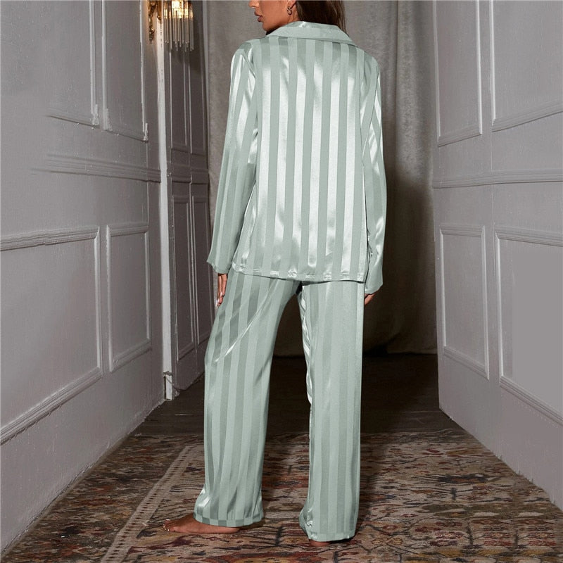 Women's Satin Striped Pajama Set with Long Sleeves and Button-Down Collar