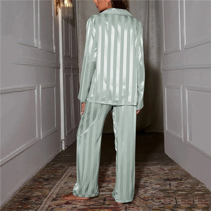 Women's Satin Striped Pajama Set with Long Sleeves and Button-Down Collar