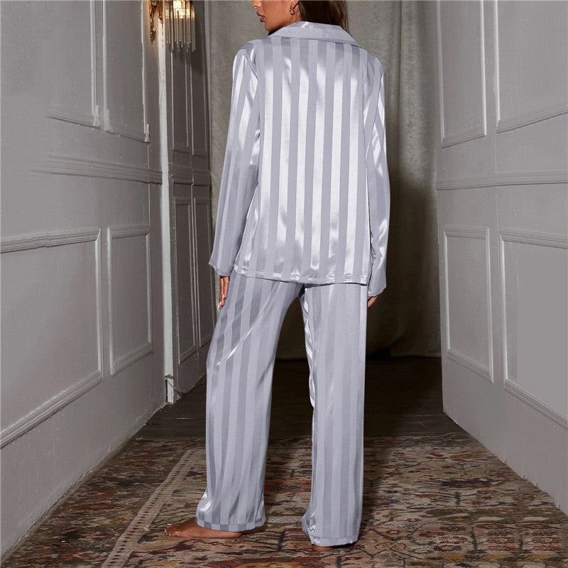 Women's Satin Striped Pajama Set with Long Sleeves and Button-Down Collar