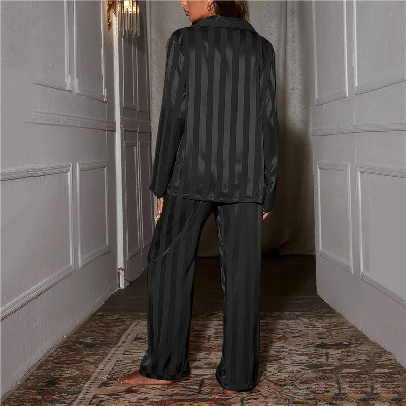 Women's Satin Striped Pajama Set with Long Sleeves and Button-Down Collar