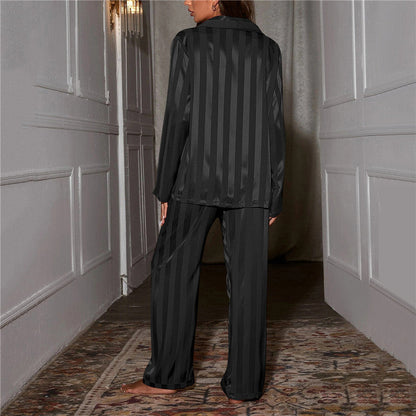 Women's Satin Striped Pajama Set with Long Sleeves and Button-Down Collar