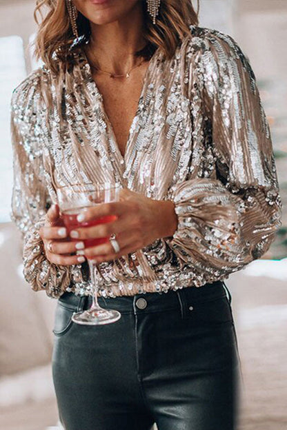Women's Sequin Blouse with Deep V-Neck and Balloon Sleeves