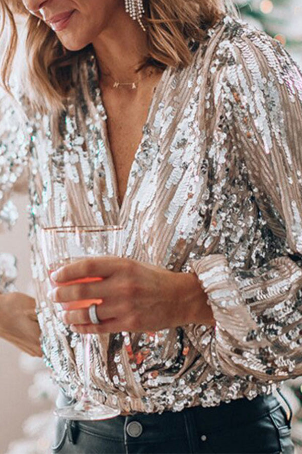 Women's Sequin Blouse with Deep V-Neck and Balloon Sleeves