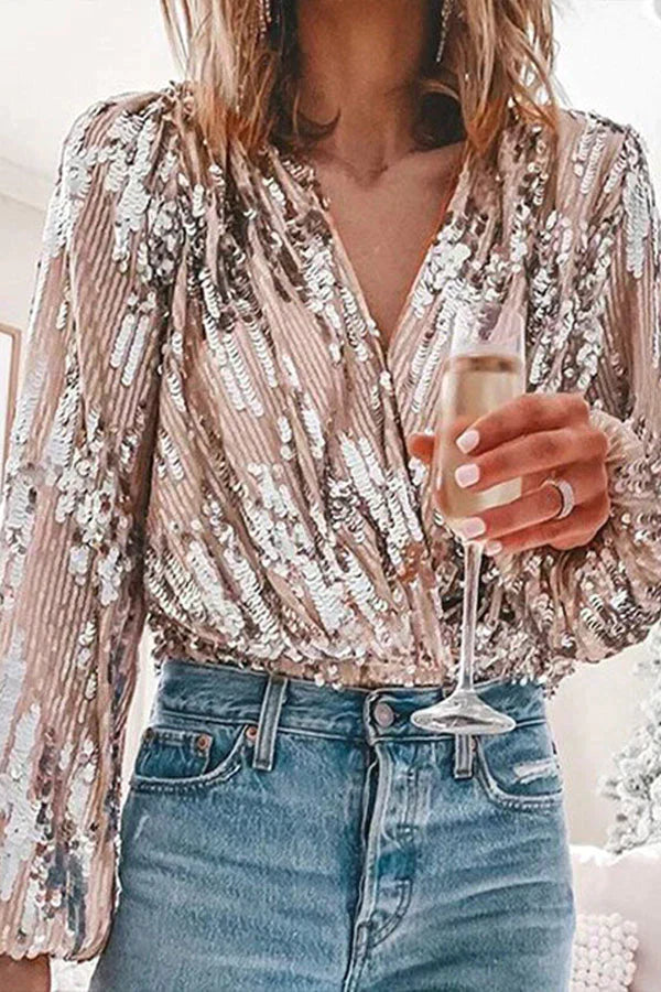 Women's Sequin Blouse with Deep V-Neck and Balloon Sleeves