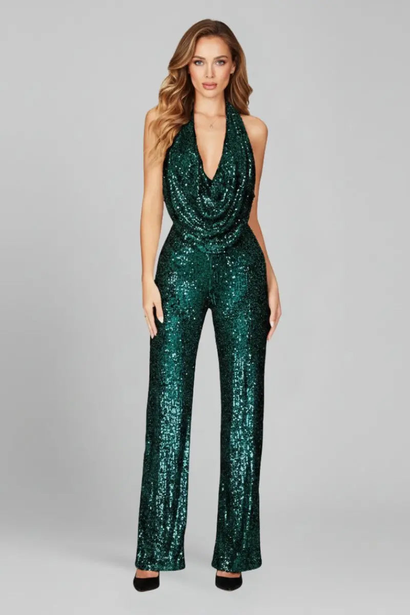 Women's Sequin Halter Jumpsuit with Cowl Neckline and Wide Leg