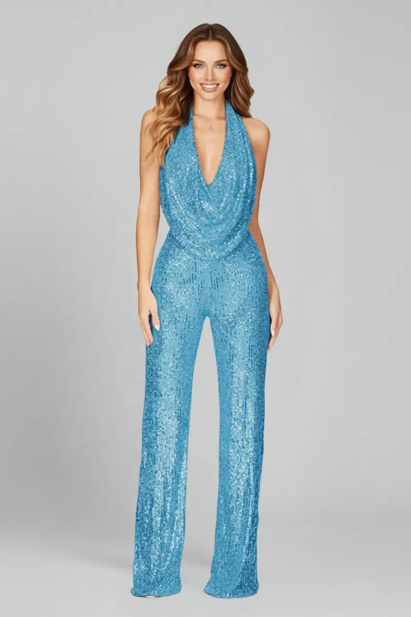 Women's Sequin Halter Jumpsuit with Cowl Neckline and Wide Leg