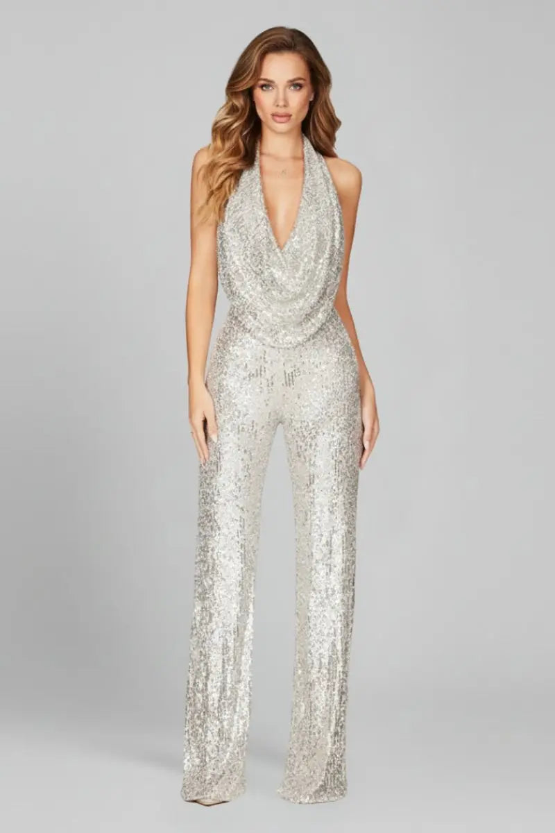 Women's Sequin Halter Jumpsuit with Cowl Neckline and Wide Leg