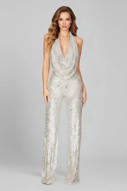 Women's Sequin Halter Jumpsuit with Cowl Neckline and Wide Leg