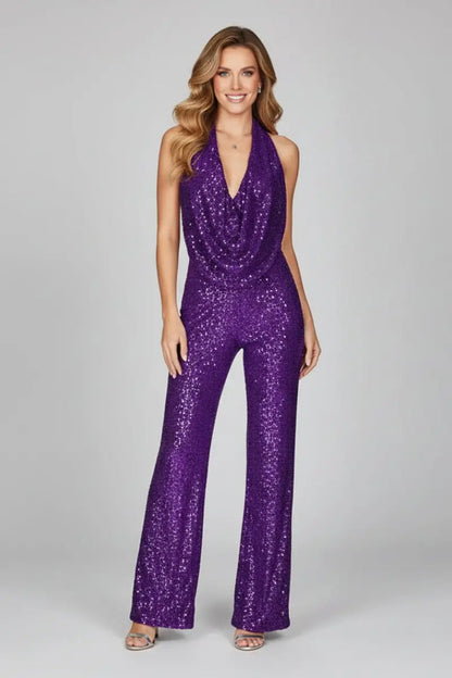 Women's Sequin Halter Jumpsuit with Cowl Neckline and Wide Leg