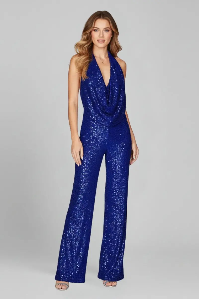Women's Sequin Halter Jumpsuit with Cowl Neckline and Wide Leg