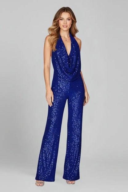 Women's Sequin Halter Jumpsuit with Cowl Neckline and Wide Leg
