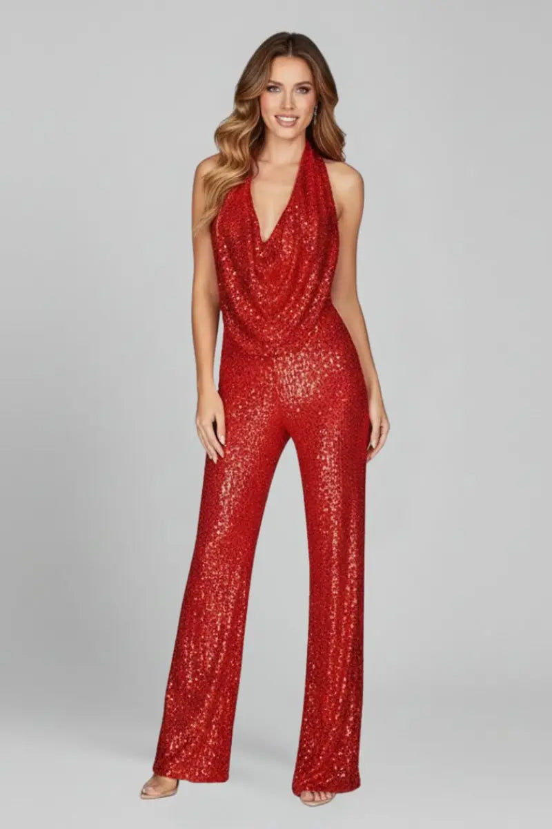 Women's Sequin Halter Jumpsuit with Cowl Neckline and Wide Leg