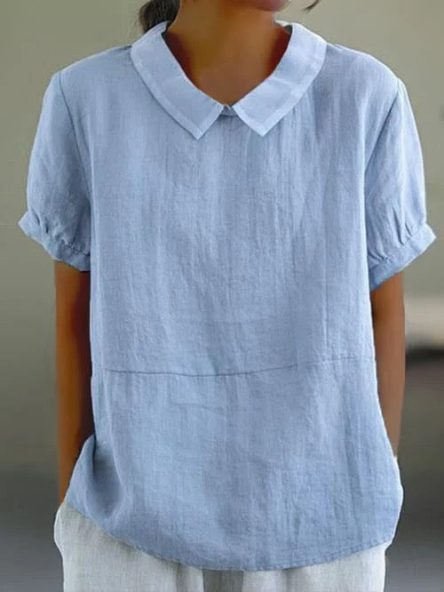 Women's Short Blouse with Peter Pan Collar, Short Sleeves, and Relaxed Fit - 1